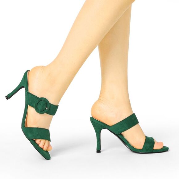 Opened Toe Buckle Stiletto Heels Slide Green Sandals - Picture 2 of 6